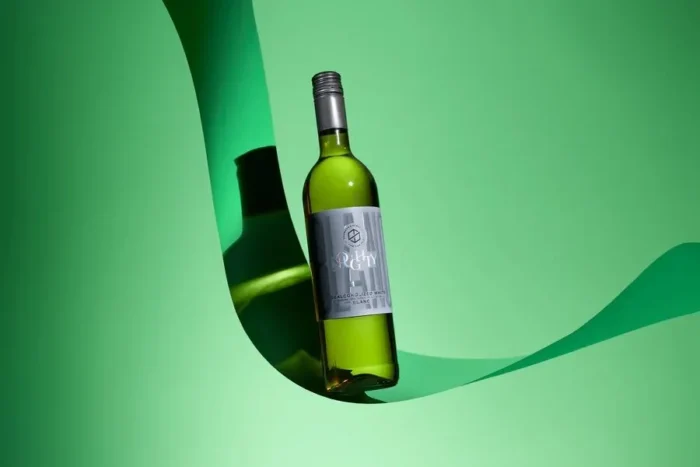 White wine bottle creatively displayed with flowing green ribbons and a bold, vibrant backdrop.