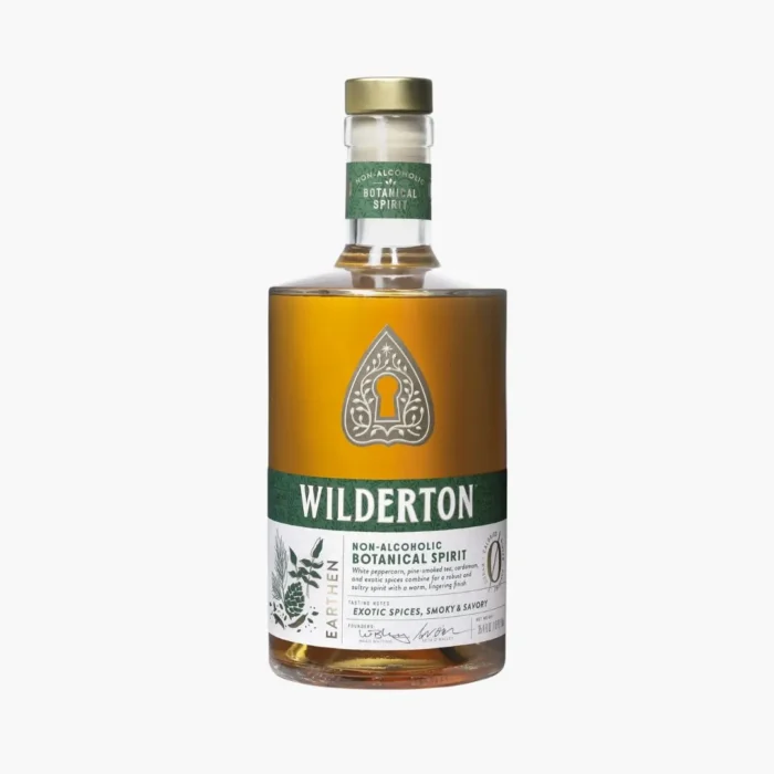 Wilderton non-alcoholic amber spirit bottle with a green label on a white background.
