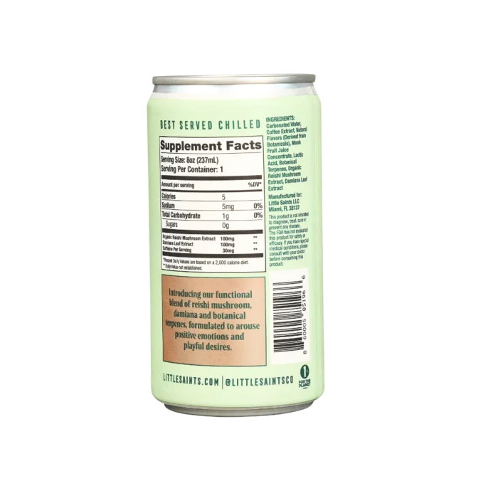 Back of Little Saints can showing supplement facts, QR code, and product description on a green background.