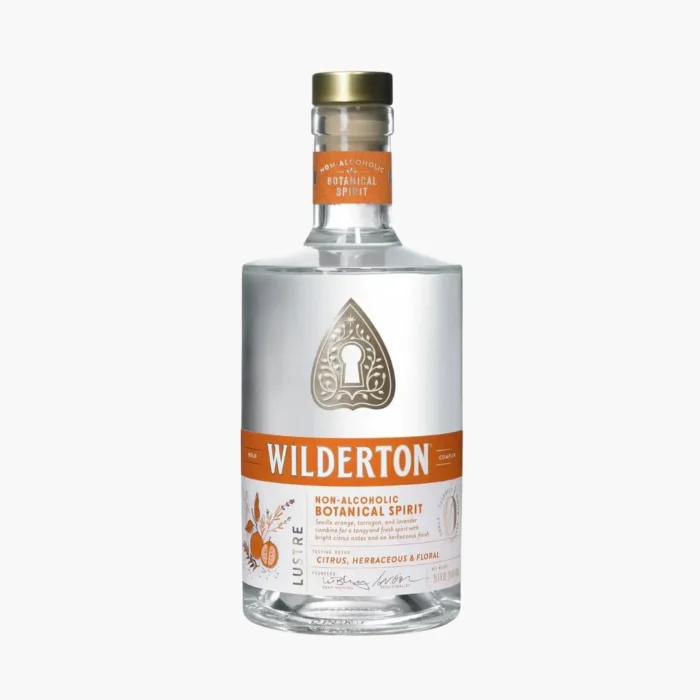 Wilderton non-alcoholic botanical spirit bottle with an orange label on a white background.