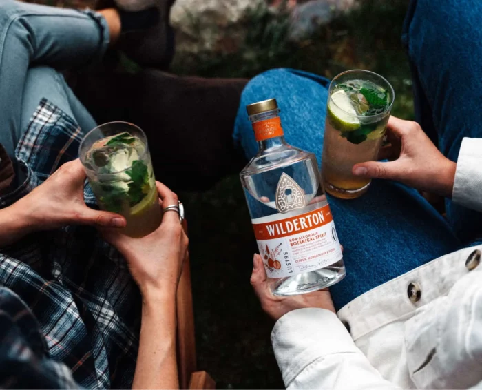 Wilderton non-alcoholic spirit bottle and mojito-style cocktails enjoyed outdoors with friends.