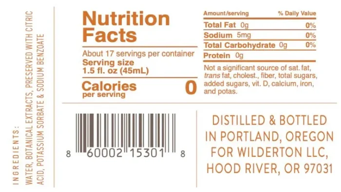 Nutrition facts label showing 0 calories per serving with product barcode and distillation details.