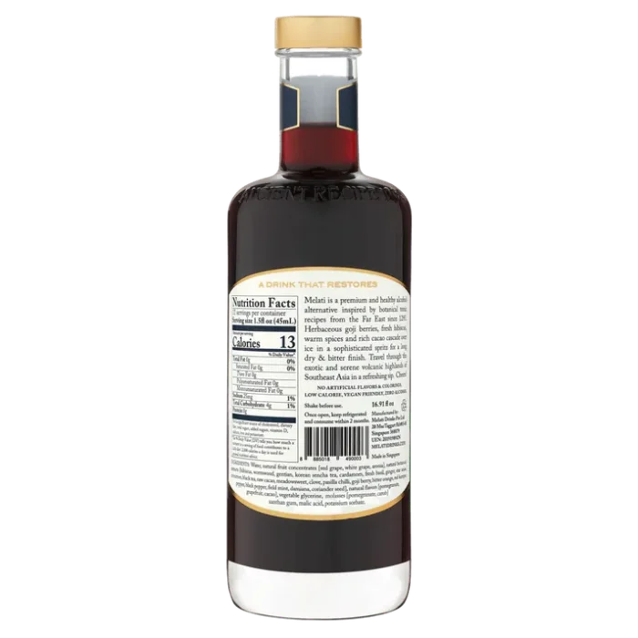 Back label view of a dark glass bottle with product details and nutritional information.