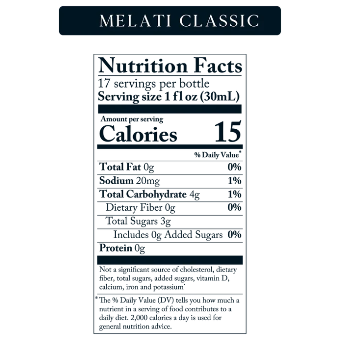 Melati Classic nutritional facts label highlighting calorie count, ingredients, and serving details.