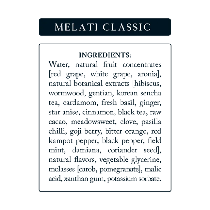 Melati Classic ingredients list featuring natural botanicals, fruits, and aromatic spices.