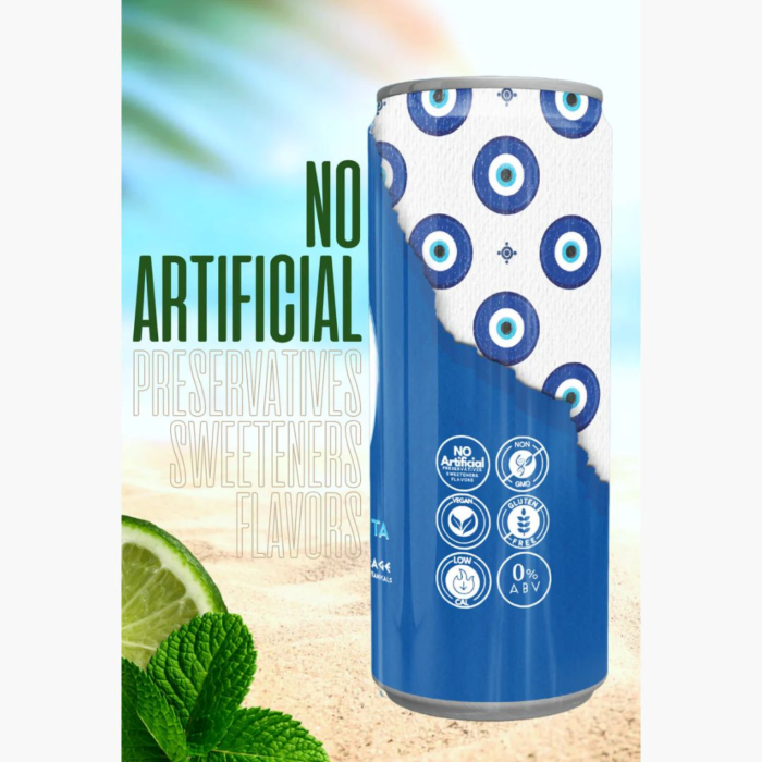 Blue drink can with eye pattern, no artificial preservatives or sweeteners, mint background.