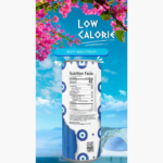 Low-calorie drink can with eye pattern, nutrition facts, set against a blue ocean and floral backdrop.