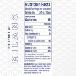 Nutrition facts label for Free Spirits Milano non-alcoholic spirit, highlighting 15 calories per serving.