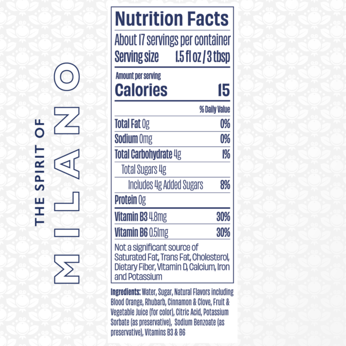 Nutrition facts label for Free Spirits Milano non-alcoholic spirit, highlighting 15 calories per serving.