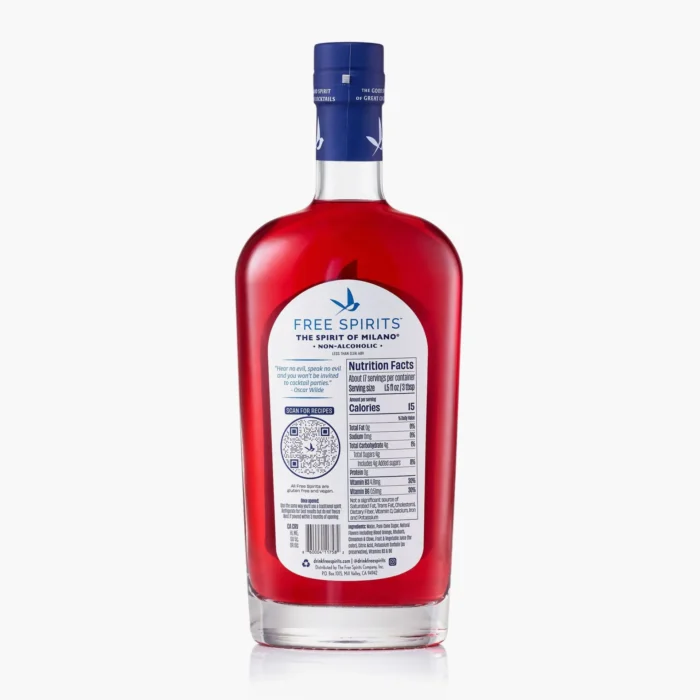 Back label view of Free Spirits Milano non-alcoholic spirit bottle displaying nutritional facts and product details.