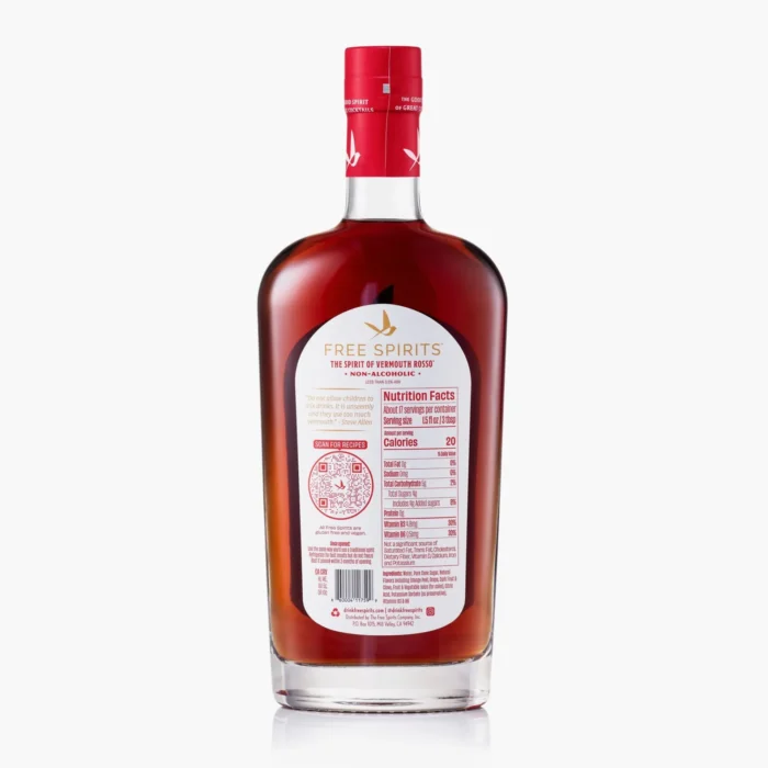 Back label of Free Spirits Vermouth Rosso non-alcoholic bottle displaying nutritional facts and QR code for recipes.