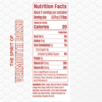 Nutrition facts for Free Spirits Vermouth Rosso showing 20 calories per serving, ingredients, and vitamin details.