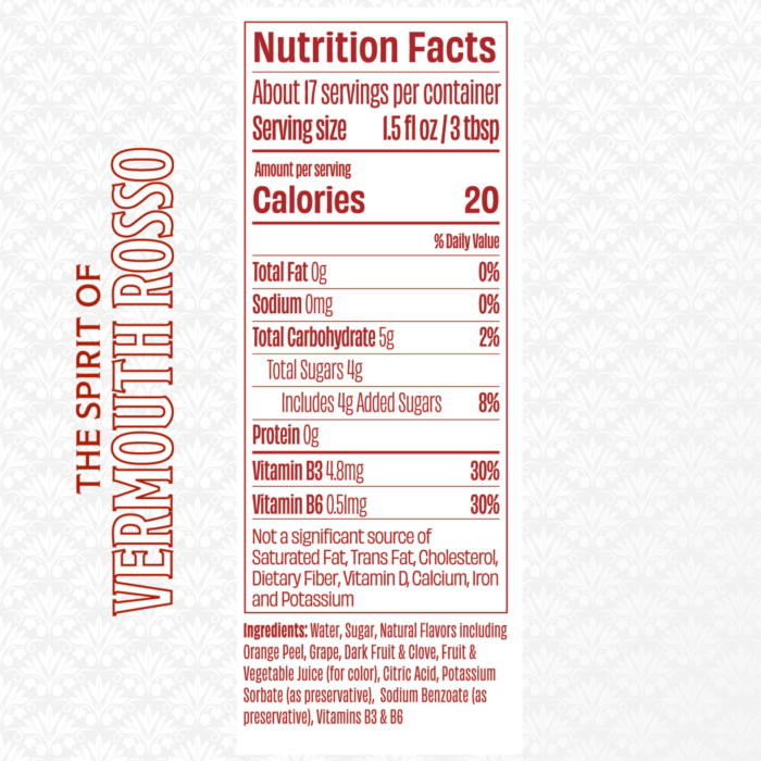 Nutrition facts for Free Spirits Vermouth Rosso showing 20 calories per serving, ingredients, and vitamin details.