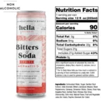 Hella Bitters & Soda can with nutrition facts: 5 calories, 0g sugar, and botanical bitters ingredients.