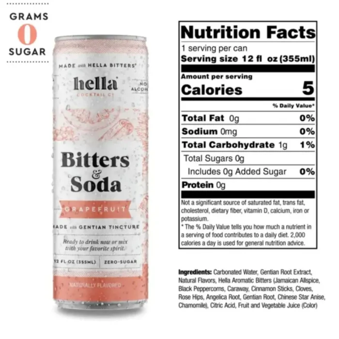 Hella Bitters & Soda can with nutrition facts: 5 calories, 0g sugar, and botanical bitters ingredients.