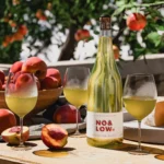 No & Low sparkling peach wine bottle with fresh peaches and glasses in a sunny orchard setting.