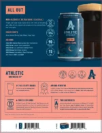 Infographic for Athletic Brewing Co.'s All Out Extra Dark non-alcoholic beer, detailing ingredients, benefits, certifications, and flavor profile with bold visuals.