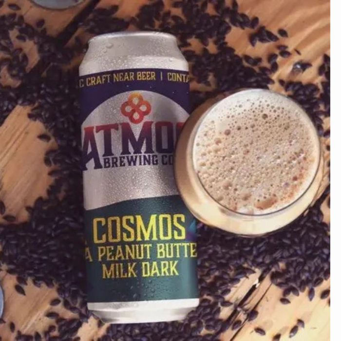 Atmos Brewing Co. Cosmos NA Peanut Butter Milk Dark Stout: A luscious pour surrounded by roasted malts, highlighting chocolatey and peanut butter undertones.