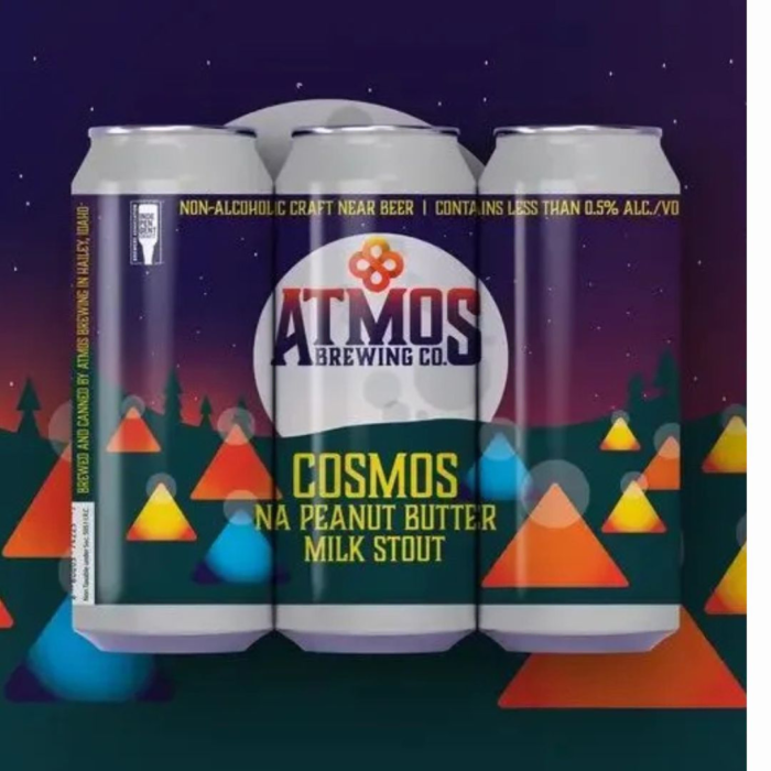 Atmos Brewing Co. Cosmos NA Peanut Butter Milk Stout: A creatively designed pack showcasing a celestial-inspired nightscape, highlighting the stout's rich peanut butter and chocolate flavor profile.