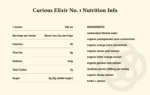 Curious Elixir No. 1 nutrition information and ingredient list, highlighting organic and natural components.