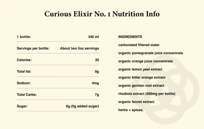 Curious Elixir No. 1 nutrition information and ingredient list, highlighting organic and natural components.