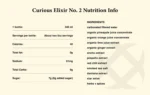 Curious Elixirs No. 2 nutrition facts and ingredient list, highlighting ginger, lime, and herbal components.