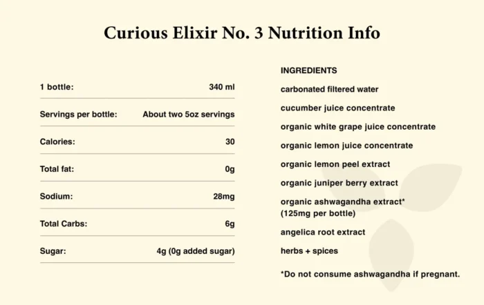 Curious Elixirs No. 3 nutrition facts and ingredient list, highlighting organic and herbal components.