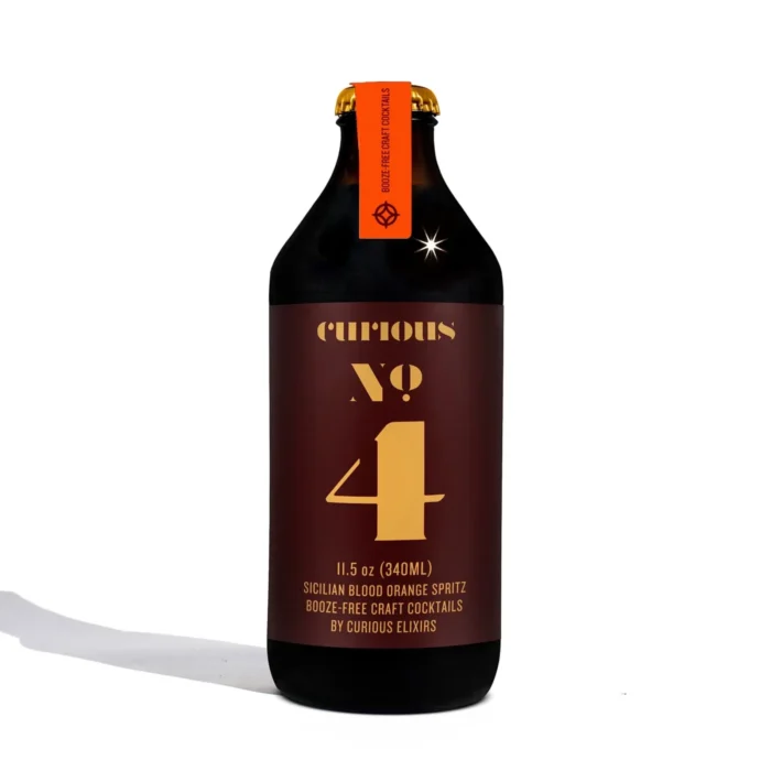 Curious Elixirs No. 4 bottle featuring a Sicilian blood orange spritz, a booze-free craft cocktail.