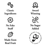 Go Brewing features: classic ingredients, award-winning, no fake additives, no sugar added, made from real fruit, and commitment to non-alcoholic craft beer quality.