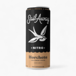 Sail Away Nitro Horchata cold brew coffee can with sleek black and beige design on a white background.