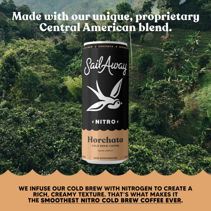 Sail Away Nitro Horchata can displayed against a lush green forest background, highlighting its Central American blend.
