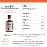 Spiritless Kentucky 74 Non-Alcoholic Bourbon nutrition facts and ingredient details, highlighting gluten-free, non-GMO, vegan, and low-calorie attributes with 15 calories per serving.