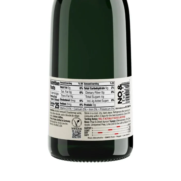 Back label of sparkling wine bottle showing detailed nutritional information and certifications.