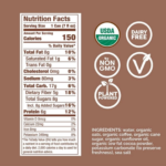 Nutrition facts and certifications for Rise Nitro Oat Milk Mocha, including USDA Organic and Dairy-Free, on a brown background.