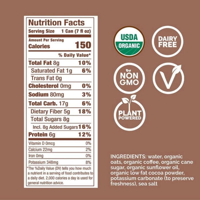 Nutrition facts and certifications for Rise Nitro Oat Milk Mocha, including USDA Organic and Dairy-Free, on a brown background.