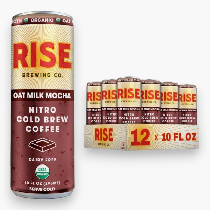 Rise Nitro Oat Milk Mocha can and 12-pack case displayed with bold branding on a white background.