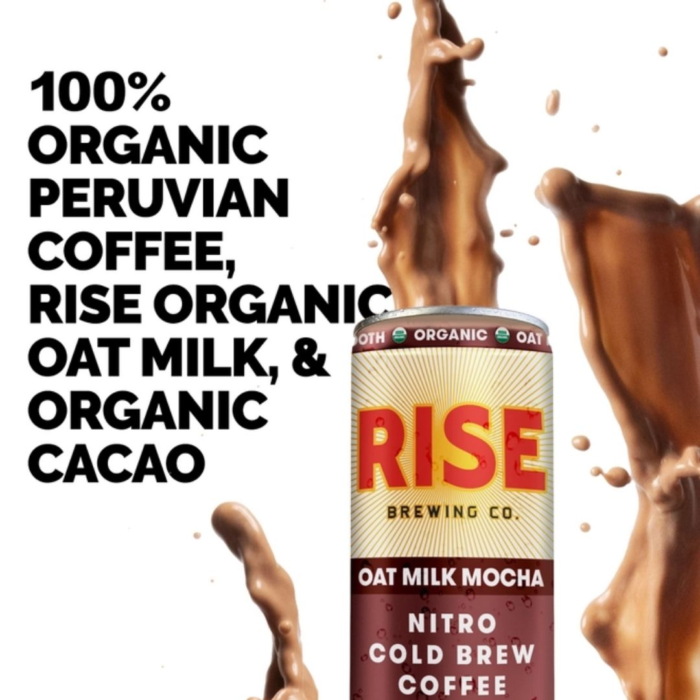 Rise Nitro Oat Milk Mocha can with splashes of mocha and text highlighting organic ingredients.