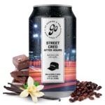 Go Brewing's Street Cred After Hours non-alcoholic beer can with notes of vanilla, coffee, and chocolate, featuring ingredients and sleek urban-inspired design.
