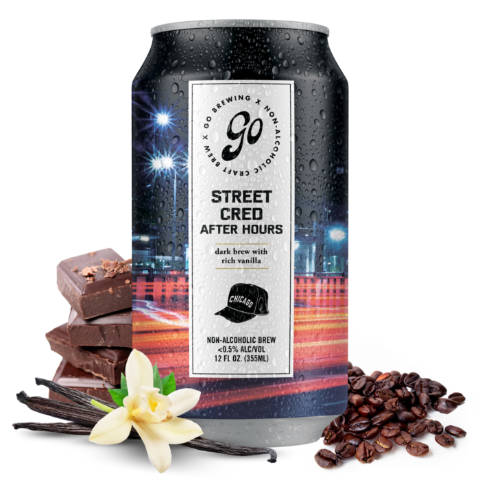 Go Brewing's Street Cred After Hours non-alcoholic beer can with notes of vanilla, coffee, and chocolate, featuring ingredients and sleek urban-inspired design.