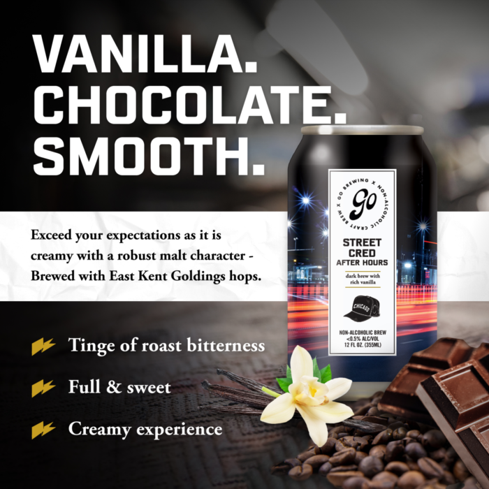 Go Brewing's Street Cred After Hours non-alcoholic beer with vanilla, chocolate, and smooth roast bitterness, brewed with East Kent Goldings hops for a creamy experience.