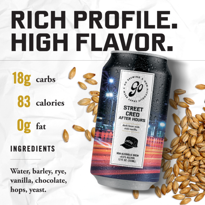 Go Brewing's Street Cred After Hours non-alcoholic beer, featuring a rich flavor profile with 83 calories, 0g fat, and ingredients like vanilla, chocolate, and hops.