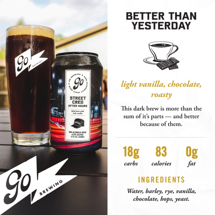 Go Brewing's Street Cred After Hours non-alcoholic beer: light vanilla, chocolate, and roasty flavors with 83 calories, 0g fat, and premium ingredients for a better sip.