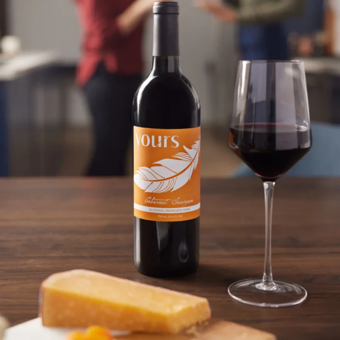 Bottle of red wine paired with cheese on a wooden table, set against a lively kitchen gathering.