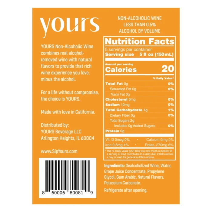 Back label of non-alcoholic wine displaying nutrition facts, ingredients, and product details.
