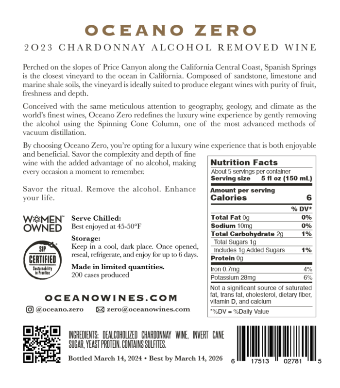 Back label of Oceano Zero 2023 Chardonnay Alcohol Removed Wine with detailed product and nutrition information.