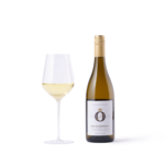 Bottle of white wine paired with a filled glass, elegantly displayed against a white background.
