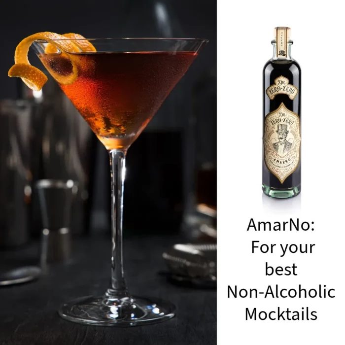 The Blind Tiger non-alcoholic spirit bottle next to a classic mocktail garnished with an orange twist.