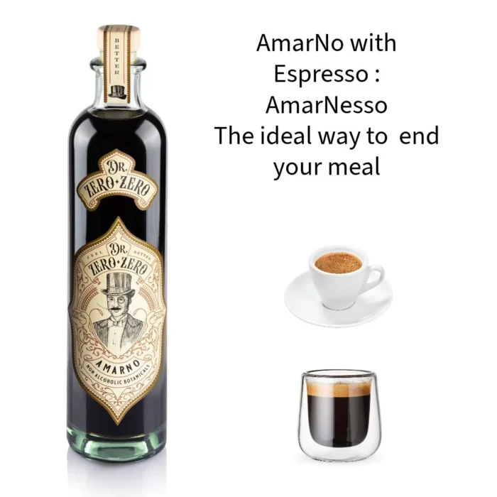 The Blind Tiger non-alcoholic spirit bottle paired with espresso, ideal for post-meal enjoyment.