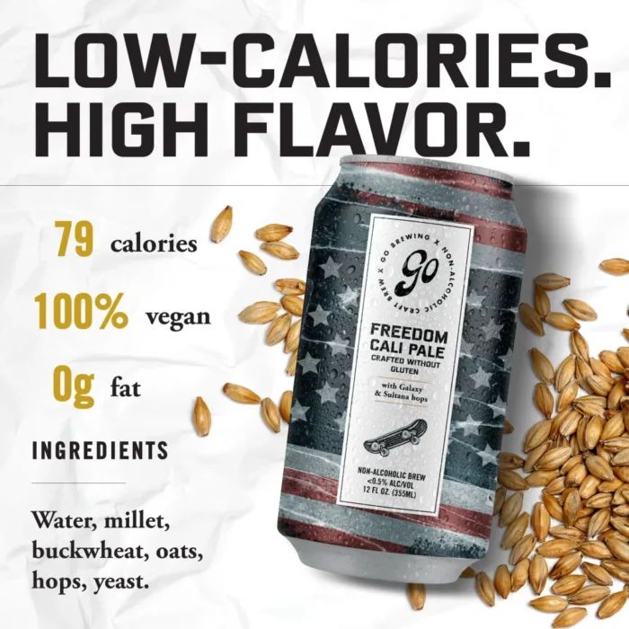 Go Brewing Freedom Cal Pale ad highlighting 79 calories, 100% vegan, 0g fat, and premium ingredients.