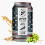 Go Brewing Freedom Cali Pale can with American flag design, surrounded by hops and grains.